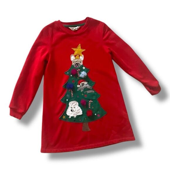 Mini Boden | EUC Brilliant Red Christmas Tree Cosy Appliqué Sweatshirt Dress 7 8 - Picture 2 of 6